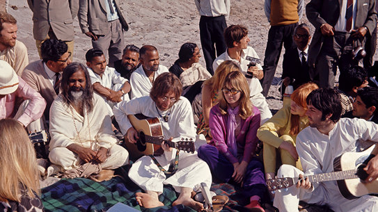 Maharishi Mahesh Yogi, John Lennon, Cynthia Lennon, Jane Asher and Paul McCartney living a communal lifestyle in India in 1968.