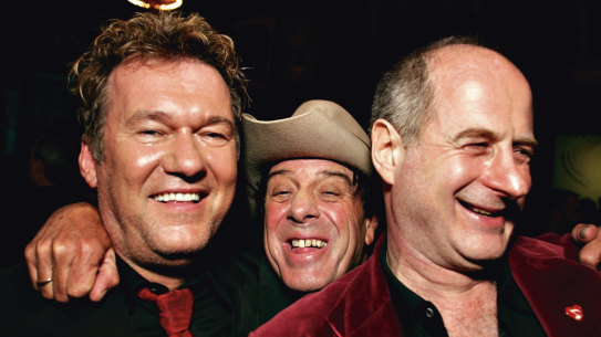 Michael Gudinski (right) with Jimmy Barnes and Molly Meldrum.  