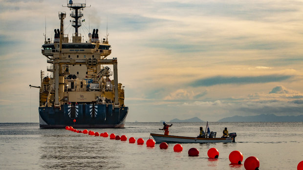 The Ile de Brehat laying the Coral Sea Cable System connecting Port Moresby, Honiara and Sydney. 