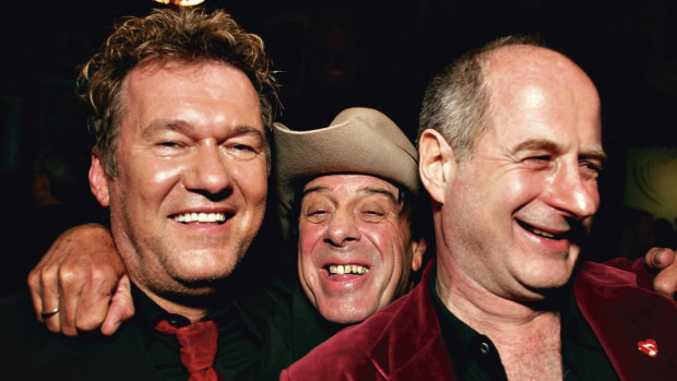 Michael Gudinski (right) with Jimmy Barnes and Molly Meldrum.  