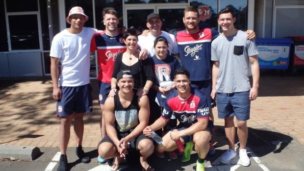 Joey Manu (back right) with Roger Tuivasa-Sheck (front right) in 2014. Also pictured are Jared Waerea-Hargreaves (second from right at back) and Shaun Kenny-Dowall (second from left at rear).