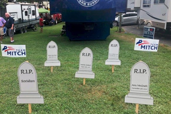 Gravestones of "slain" political adversaries tweeted by Mitch McConnell's campaign team.  