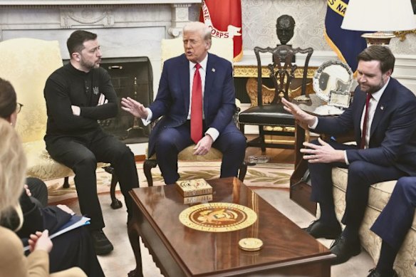 Donald Trump and JD Vance with Ukrainian President Volodymyr Zelensky in the now-infamous meeting at the White House on February 28, 2025.