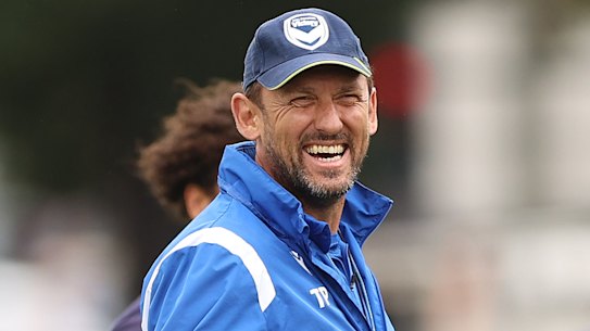 Victory coach Tony Popovic laughs during an A-League men’s training session at Gosch’s Paddock.