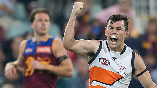 Killer blow: Brent Daniels celebrates kicking the winning goal at the Gabba.