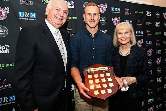 Rick and Heather Penn with Manly’s former champion halfback Daly Cherry-Evans.
