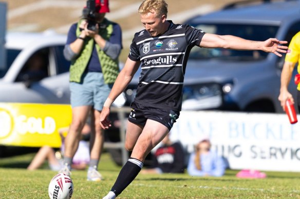 Carter Gordon kicks for goal in his Tweed Seagulls debut.