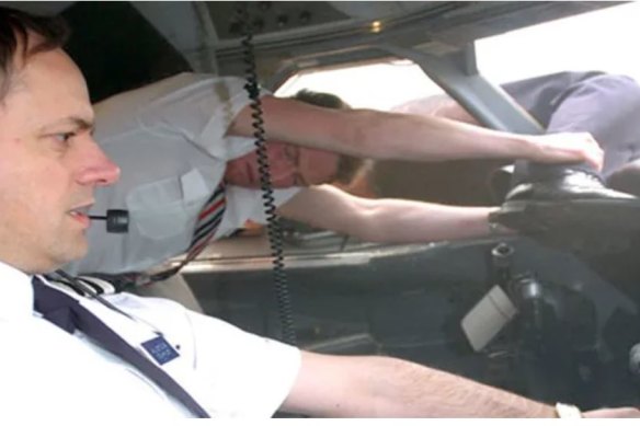 A recreation of the depressurisation disaster when an air steward clung to Captain Tim Lancaster who had been sucked from his pilot’s seat on a British Airways flight in 1990.