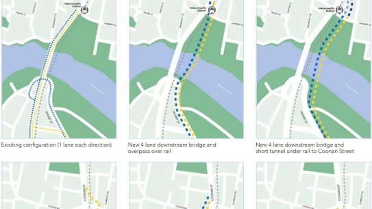 Examples of river crossing options at Indooroopilly, in Brisbane.