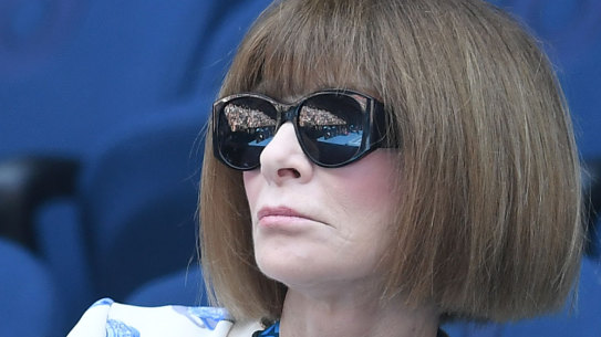 Fashion editor Anna Wintour is seen in the stands during the match between Stefanos Tsitsipas of Greece and Roberto Bautista Agut of Spain for the men's singles quarter final at the Australian Open Grand Slam tennis tournament in Melbourne, Australia, 22 January 2019. (AAP Image/Lukas Coch) NO ARCHIVING, EDITORIAL USE ONLY