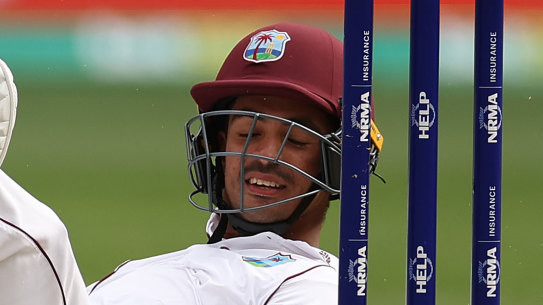 Tagenarine Chanderpaul hits the deck.