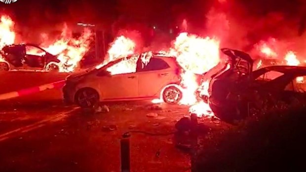 Vehicles on fire in Israel in Lod.