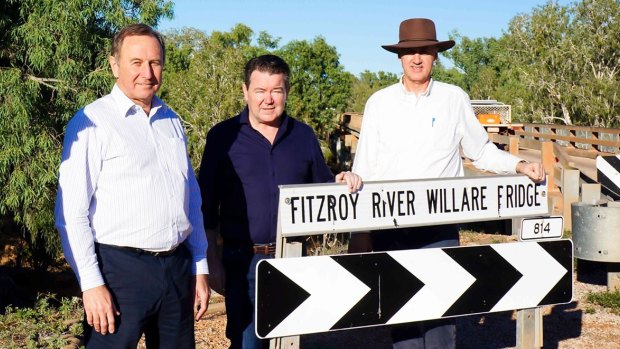 Mining and Pastoral Liberal candidate Michael Huston with Senator Dean Smith and Cottesloe MP David Honey in the Kimberley.