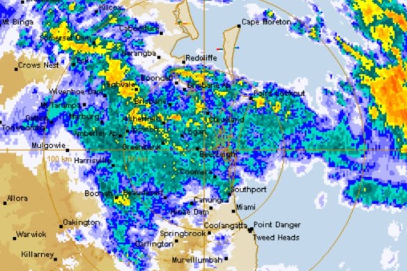 A radar image of the rain system around Brisbane on Sunday morning.