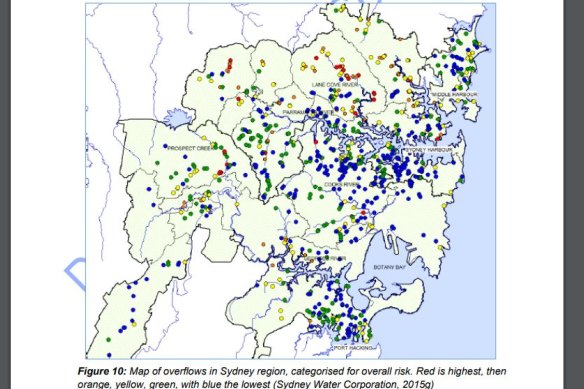 Overflow points in the Sydney Water network, according to a 2015 map.