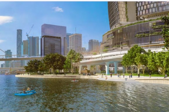 How The Landing along the CBD reach of the Brisbane River will appear when it is complete in 2023.