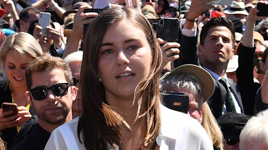 Brittany Higgins, allegedly raped while working at Parliament House, at the March 4 Justice rally this year.
