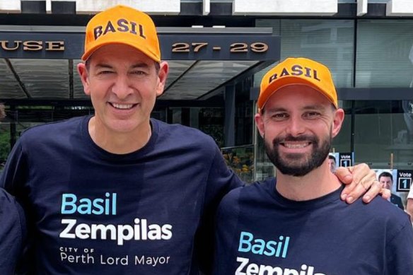 Basil Zempilas and Ammo Marketing founder Cam Sinclair (right) during Zempilas’ Perth mayoral campaign in 2023.