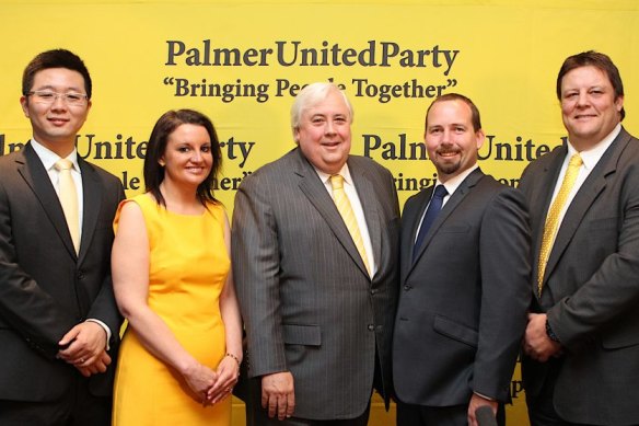 Pulling people apart: The short-lived Palmer United Party team with Ricky Muir of the Australian Motoring Enthusiast Party (second from right). 