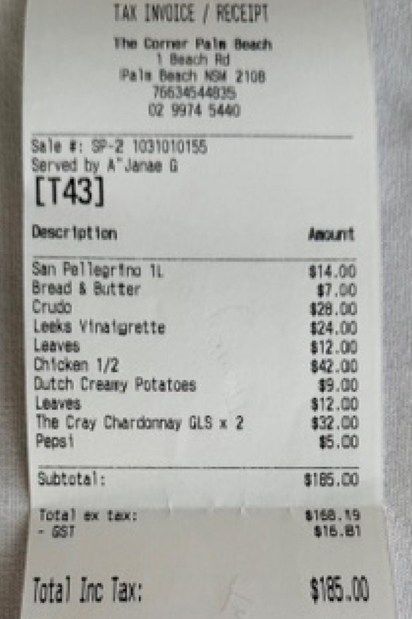 El recibo del almuerzo en The Corner, Palm Beach.  