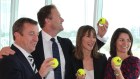From left: Nine executives Tom Malone, Sam Brennan, Alexi Baker and Rachel Launders at the announcement of the Australian Open tennis rights in 2018. 