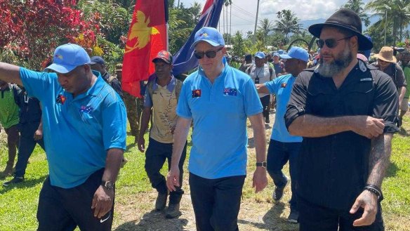 Prime Ministers James Marape and Anthony Albanese with Governor of Oro Province Gary Juffa  begin the walk of the Kokoda Track.