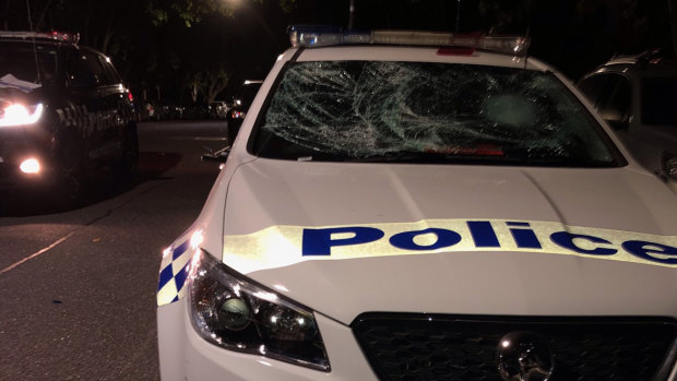 A damaged police car after an out-of-control Airbnb party in April.