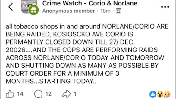 Screenshot of a Geelong area Facebook page discussing the illicit tobacco raids