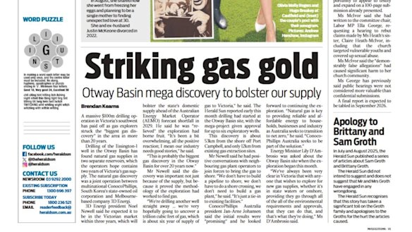 The Herald Sun’s page two apology to Victorian Liberal MP and former tennis star Sam Groth and wife, Brittany, as part of a settlement agreement. 