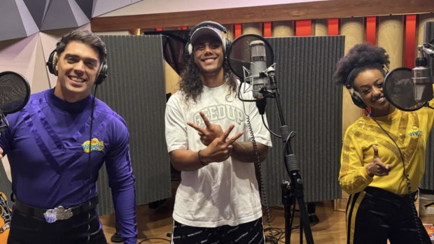 Jarome Luai records with Purple Wiggle, John Pearce, and Yellow Wiggle, Tsehay Hawkins.