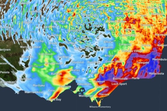 A map of the accumulated rainfall forecast for the 36 hours to 11pm on Thursday.