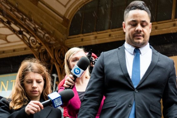 Jarryd Hayne walks out of court last month after he was found guilty of two counts of sexual intercourse without consent.