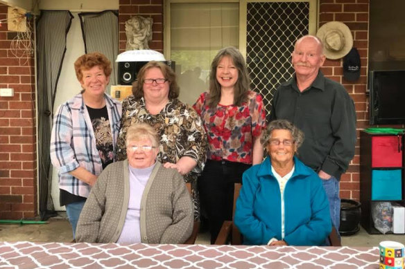 Helen O’Dare (back row, second from right) with Trudgett family members in 2018. Back row (from left): cousins Debbie, Maxine and Brendan. Front: aunt Coral (left) and cousin Lola.