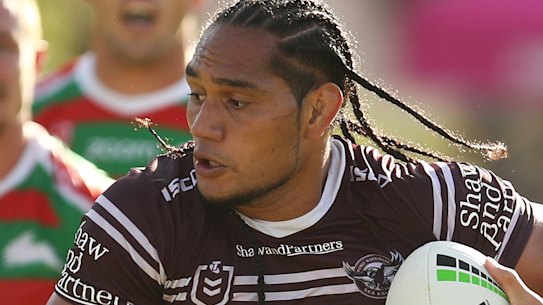 No stopping him: Martin Taupau was  again inspirational for the Sea Eagles, running for over 200 metres.