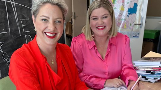 Kara Cook, the outgoing Brisbane Labor councillor for Morningside, with state government media advisor Lucy Collier  (right) who will take over the role in May after Cook’s departure.