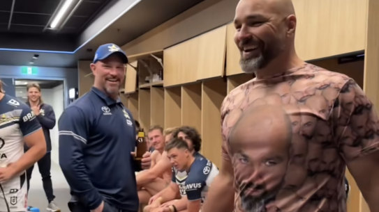 Funky Cowboy: Todd Payten rocks a shirt covered with his own face after the win over Souths.