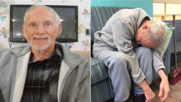 Terry Reeves, left, before he went into aged care, and right, an image published on ABC's 7.30 report, showed how his health deteriorated in care. 