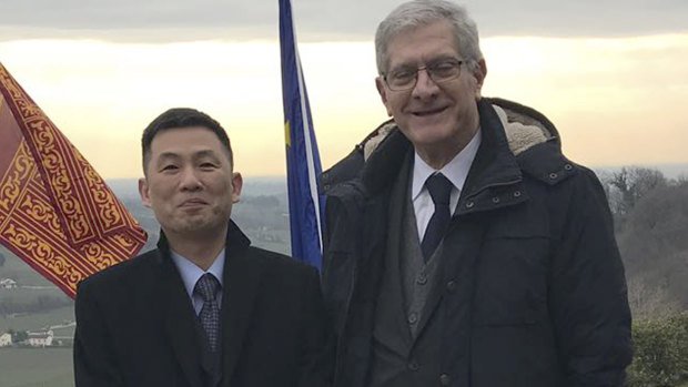 Italian senator Valentino Perin (right) with then North Korean diplomat Jo Song Gil at a cultural event in Italy in March 2018.