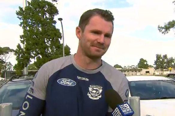 Geelong star Patrick Dangerfield speaks to the media before training after he helped to rescue an 11-year-old girl from the surf and helped keep the family afloat on Sunday.