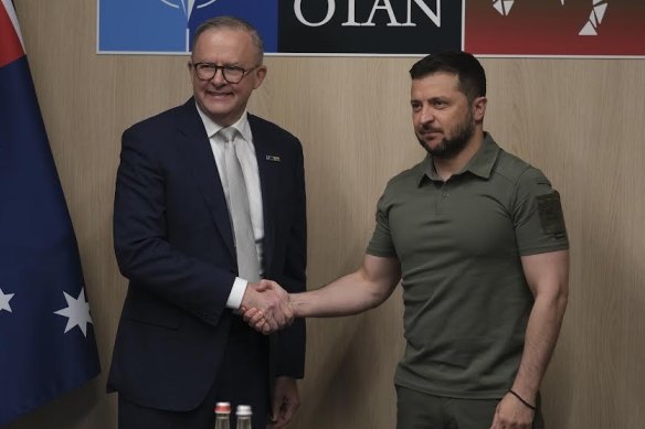 Prime Minister Anthony Albanese meets with Ukrainian President Volodymyr Zelensky on the sidelines of NATO.