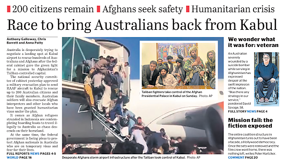 The front page of the Sydney Morning Herald two days after the fall of Kabul.