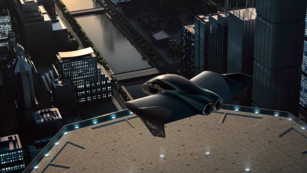 An artist rendering of a flying vehicle by Porsche and Boeing. 