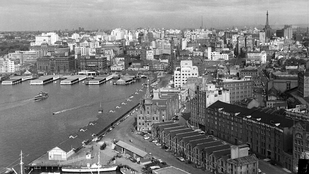 THEN Circular Quay in the 1950s.
Often regarded as the “Gateway to Sydney” it is located in Sydney Cove – site of the First Fleet’s initial landing in Port Jackson in 1788.