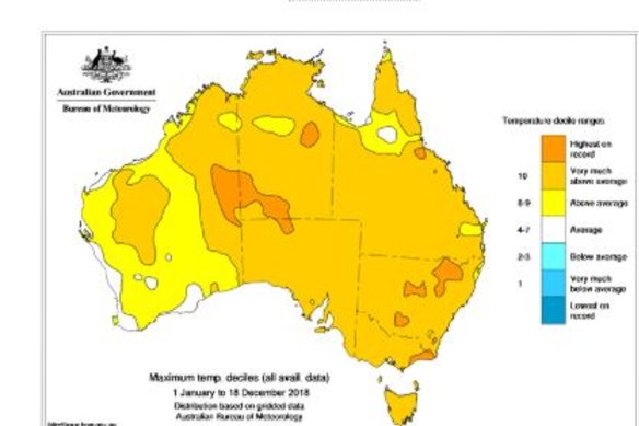 Virtually all of Australia reported above-average temperatures for 2018, with pockets of the nation on course to report their hottest year.