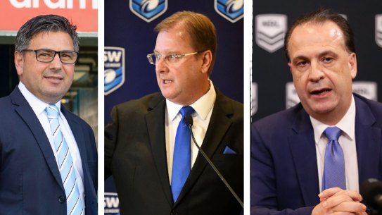 Cronulla Sharks CEO Dino Mezzatesta, NSWRL boss Dave Trodden and ARLC chairman Peter V’landys.