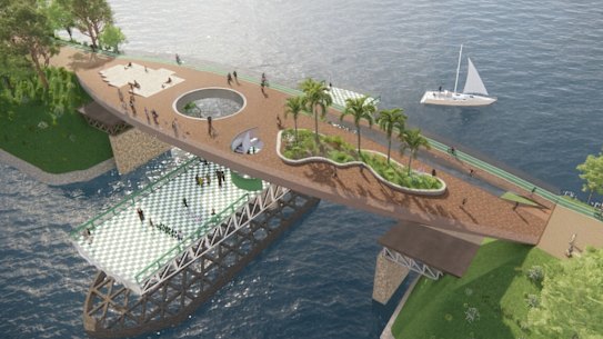 The bridge would be accessed via ramps and features a spiral staircase, and an oculus to allow people to peer down on the restored Glebe Island Bridge.