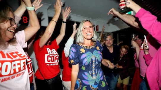 Renee Coffey with supporters on winning the seat of Griffith in Brisbane for Labor on May 3, 2025.