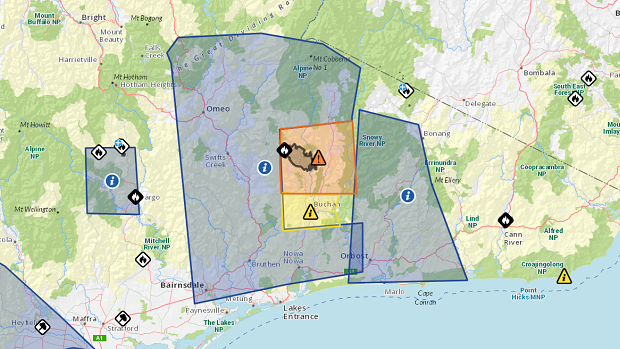 Timbarra fire emergency warning areas. CREDIT: