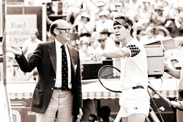 John McEnroe and umpire Peter Bellenger have words when the Australian Open was still held at Kooyong in 1985.