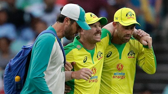 David Warner had to be helped from the field after suffering an adductor injury on Sunday night.
